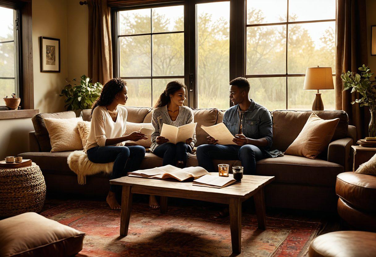 A cozy, inviting living room scene featuring a couple happily discussing their relationship with insurance documents scattered on a coffee table. Soft lighting and comforting decor create an atmosphere of warmth and security. A heart-shaped shield icon subtly incorporated in the background symbolizes protection and love. Include elements like warm colors and a gentle sunset glow. super-realistic. vibrant colors. intimate ambiance.