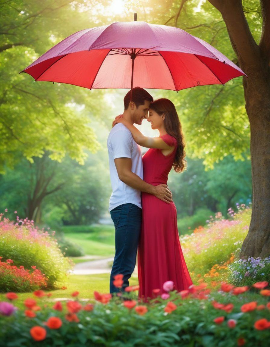 A loving couple embracing under a heart-shaped umbrella in a picturesque park, surrounded by blooming flowers and soft sunlight filtering through the trees. In the background, subtle symbols of relationship insurance like heart locks and shields float gently, conveying protection and security. The couple's expressions radiate warmth and trust, embodying the theme of romance and protection. bright and vivid colors. super-realistic.